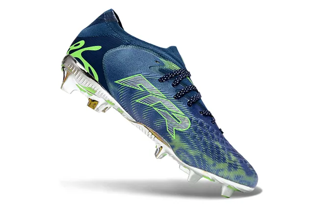 Puma Navy Green Low-Cut Knit Collar Wave-Patterned Upper Firm-Ground Soccer Shoes 2