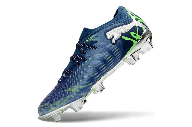 Puma Navy Green Low-Cut Knit Collar Wave-Patterned Upper Firm-Ground Soccer Shoes 3