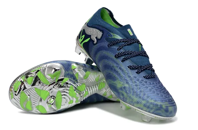 Puma Navy Green Low-Cut Knit Collar Wave-Patterned Upper Firm-Ground Soccer Shoes 4