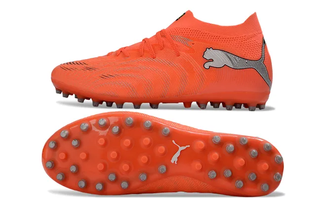 Puma Chaussures de football orange argent tricotées sans couture dessus crampons coniques à pointe métallique sol ferme 6