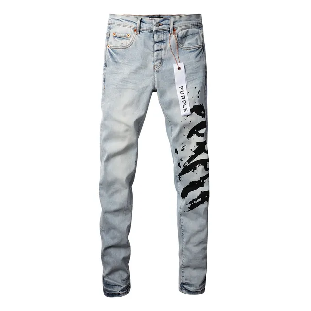 Purple Brand Blue Black Light-Wash Denim Asymmetrical Graphic Print Jeans 15