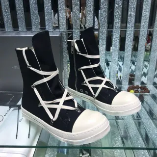 Rick Owens Black White High-Top Crisscross Lacing Ankle Boots