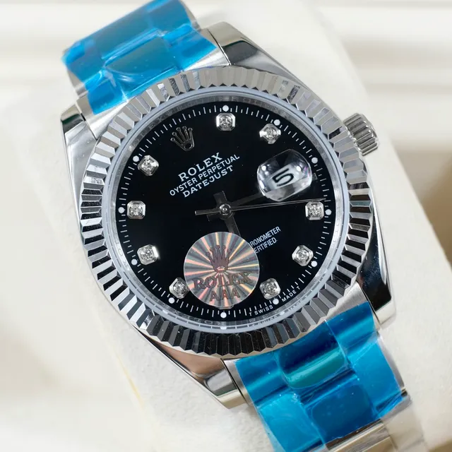 Rolex Oyster Perpetual Datejust Cadran noir Marqueurs d'heure en diamant Montre mécanique 6