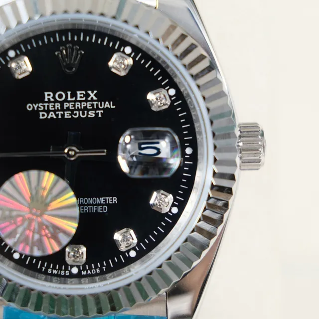 Rolex Oyster Perpetual Datejust Cadran noir Marqueurs d'heure en diamant Montre mécanique 9