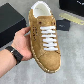 Saint Laurent Brown White Suede Upper Vertical Script Logo Lifestyle Sneakers
