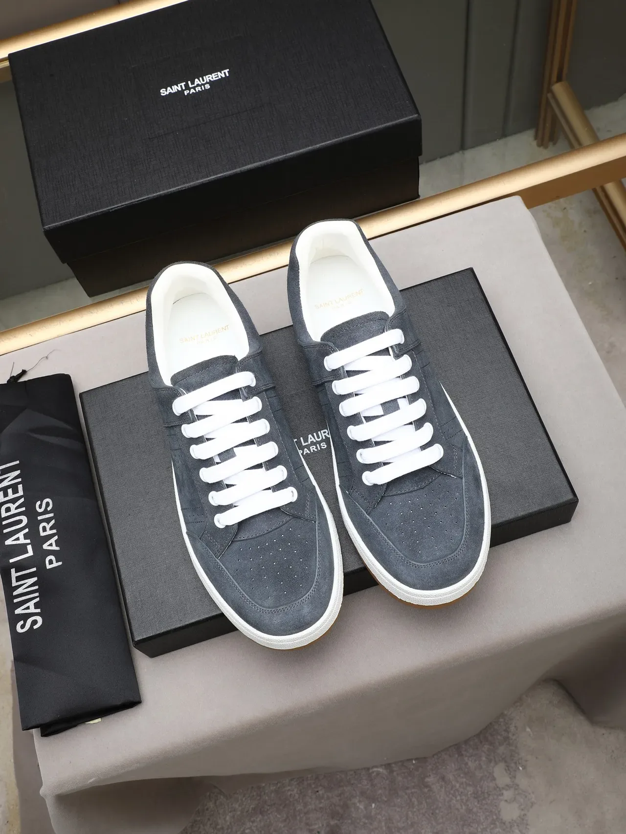 Saint Laurent Gray White Suede Upper Perforated Vamp Lifestyle Sneakers 2