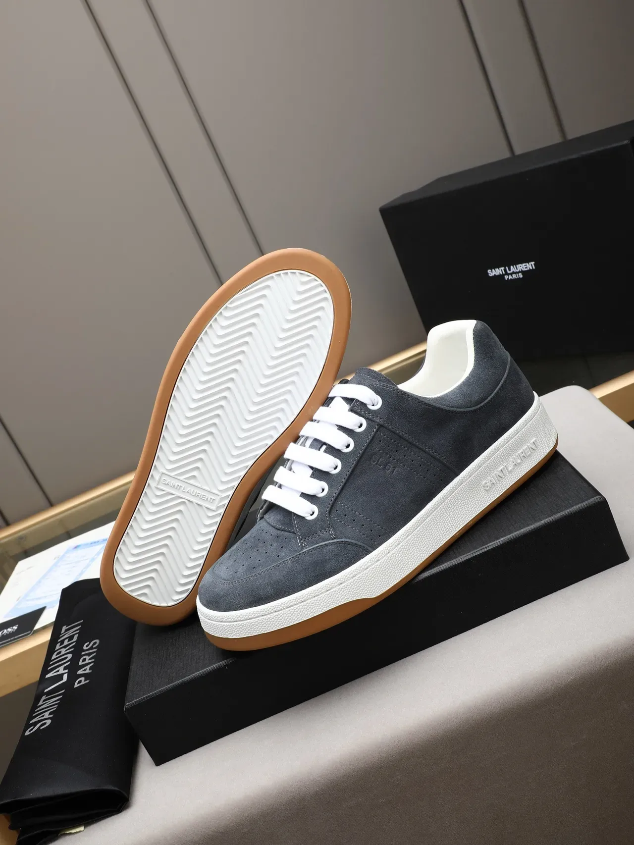 Saint Laurent Gray White Suede Upper Perforated Vamp Lifestyle Sneakers 4