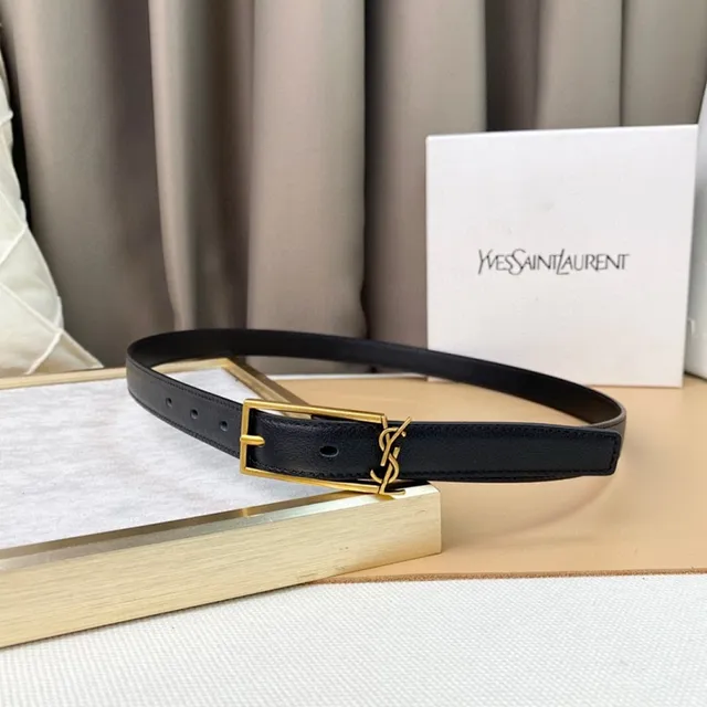 Saint Laurent Monogram Belt Preto Dourado Cinto de Couro Slim 2