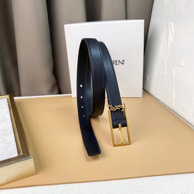 Saint Laurent Monogram Belt Preto Dourado Cinto de Couro Slim 3
