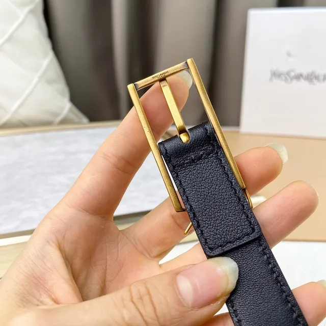 Saint Laurent Monogram Belt Preto Dourado Cinto de Couro Slim 4