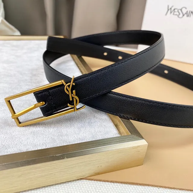 Saint Laurent Monogram Belt Preto Dourado Cinto de Couro Slim 5