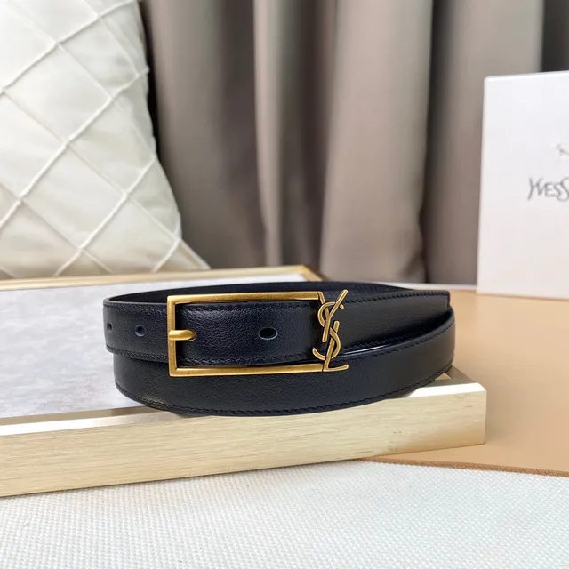 Saint Laurent Monogram Belt Preto Dourado Cinto de Couro Slim 6