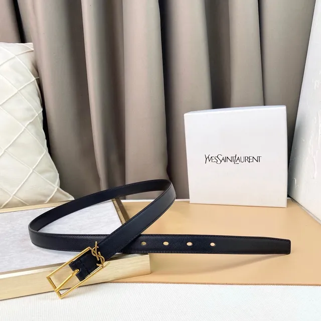Saint Laurent Monogram Belt Preto Dourado Cinto de Couro Slim 7