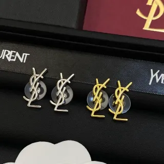 Saint Laurent Monogram Silver Gold Interlocking YSL Stud Style Earrings