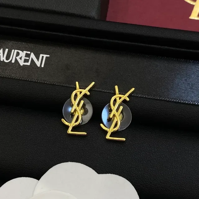 Saint Laurent Monogram Silver Gold Interlocking YSL Stud Style Earrings 2