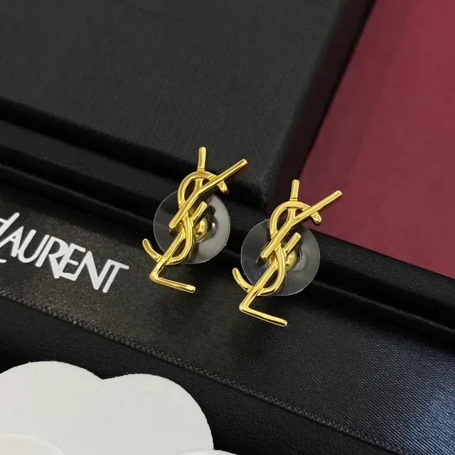 Saint Laurent Monogram Silver Gold Interlocking YSL Stud Style Earrings 3