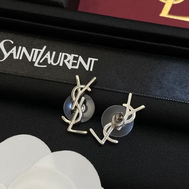 Saint Laurent Monogram Silver Gold Interlocking YSL Stud Style Earrings 4