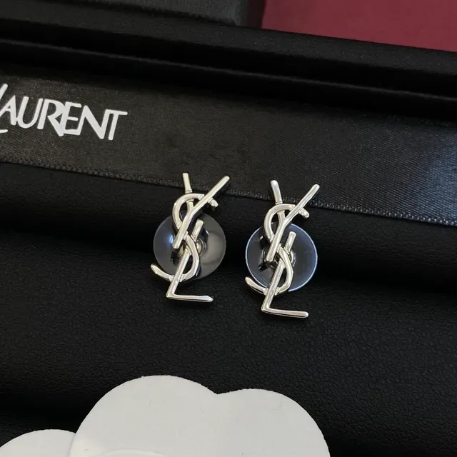 Saint Laurent Monogram Silver Gold Interlocking YSL Stud Style Earrings 5