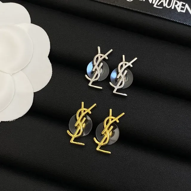 Saint Laurent Monogram Silver Gold Interlocking YSL Stud Style Earrings 6