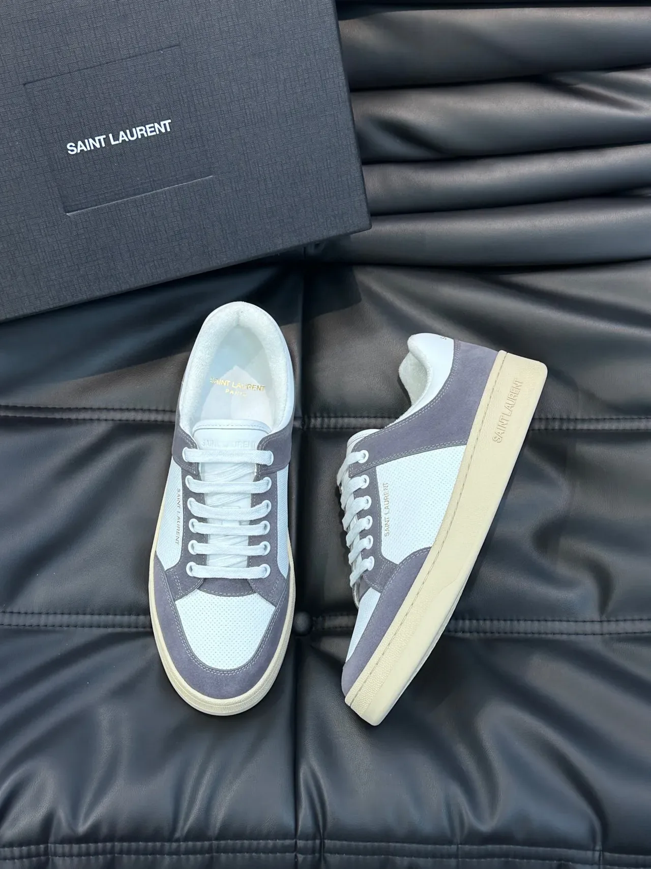 Saint Laurent White Gray Low-Top Suede And Mesh Panelled Lifestyle Sneakers 4