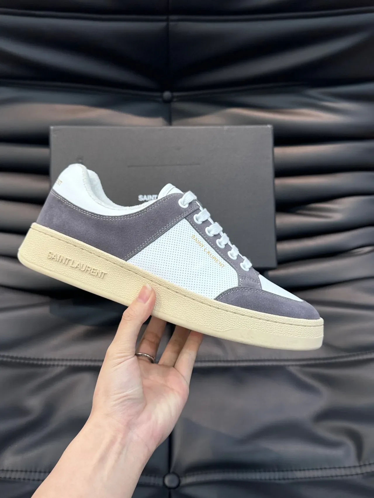Saint Laurent White Gray Low-Top Suede And Mesh Panelled Lifestyle Sneakers 7