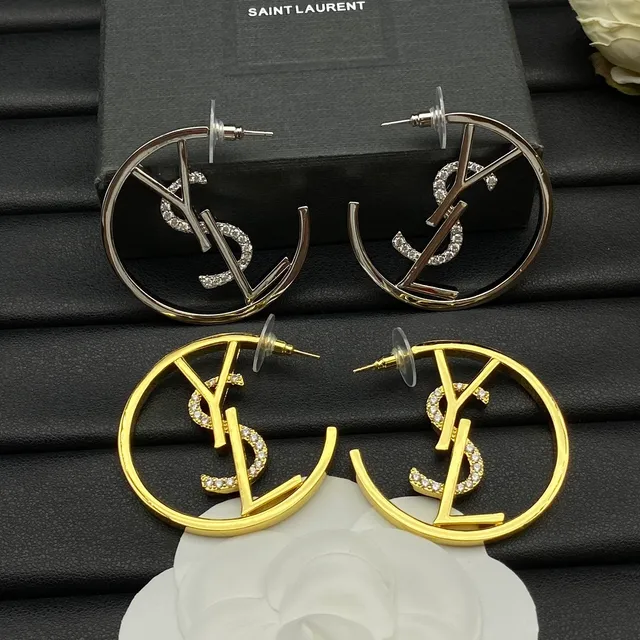 Saint Laurent YSL Logo aussi Gold Silver circulaires monogramme boucles d'oreilles 7