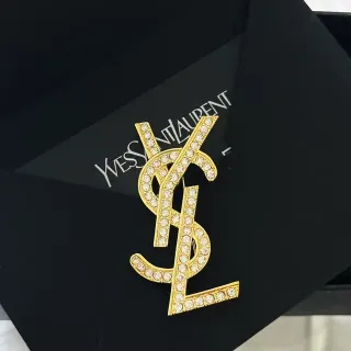 Saint Laurent YSL Monogram Crystal-Embellished Gold-Tone Brooch