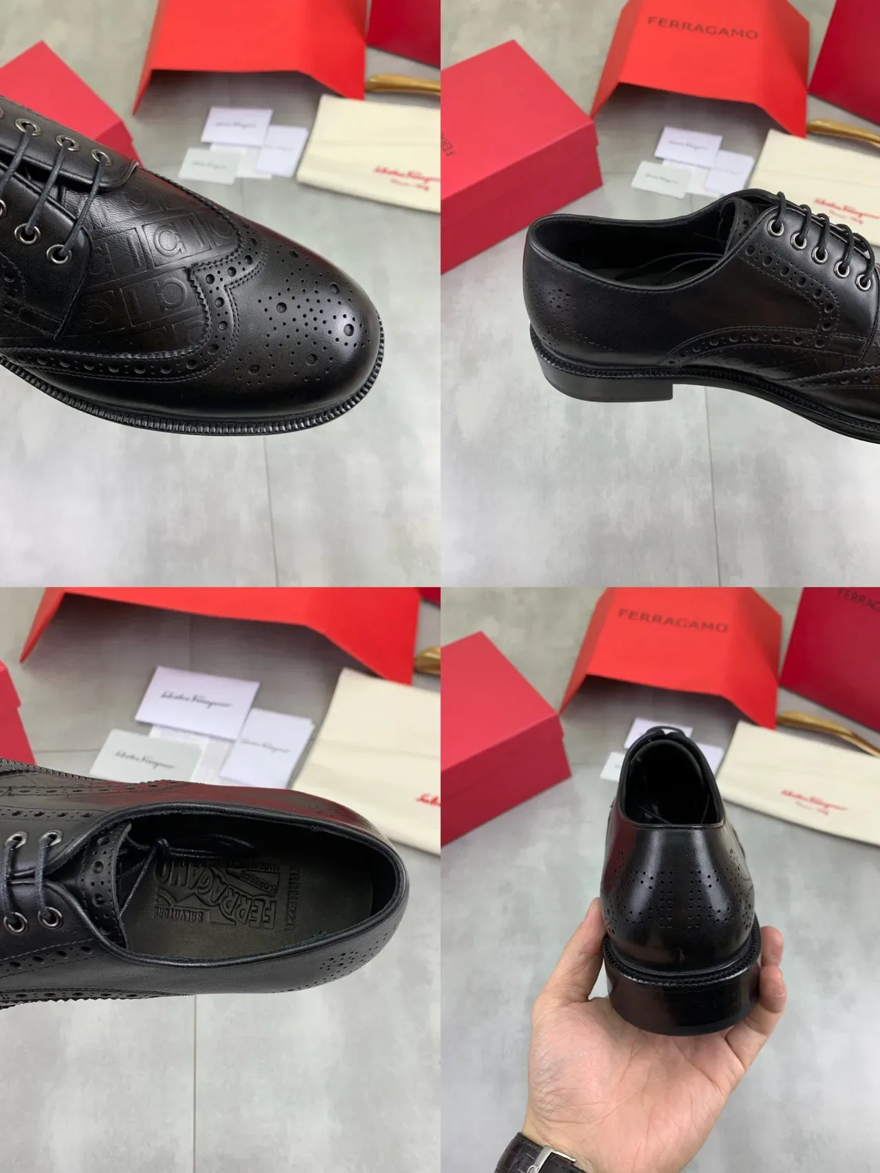 Salvatore Ferragamo Preto Brogue Full Wingtip Padrão de Logo Embossado 2