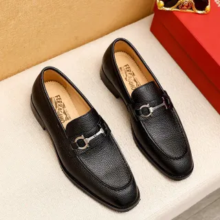 Salvatore Ferragamo Gancini Black Pebbled Leather Horsebit Loafers