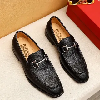 Salvatore Ferragamo Gancini Loafer Black Pebbled Leather Horsebit Buckle Loafers