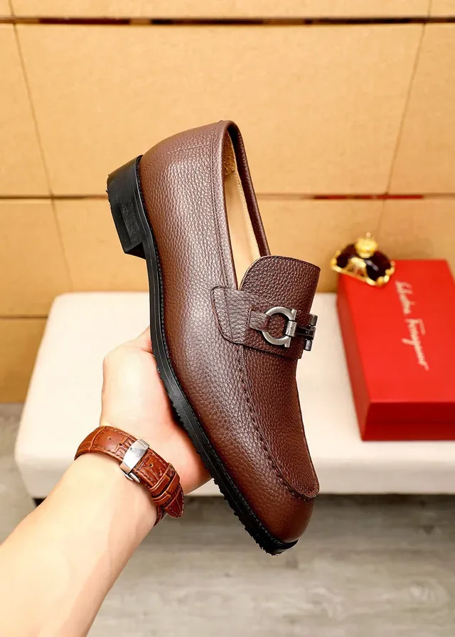 Salvatore Ferragamo Gancini Loafer Brown Pebbled Leather Horsebit Buckle Loafers 5