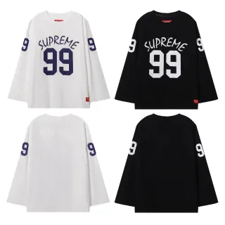 Supreme 99 جيرسي أبيض بحري بأكمام طويلة ياقة دائرية