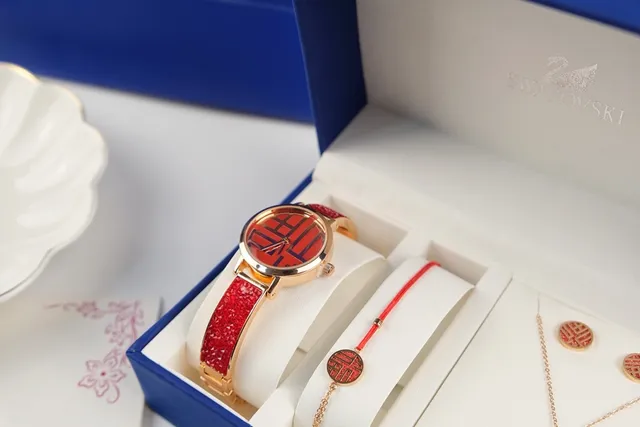 Swarovski Red Gold Enamel Double Happiness Motif Metal Necklace 3
