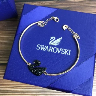 Swarovski Swan Black Crystal Gold-Tone Open Bangle Bracelet