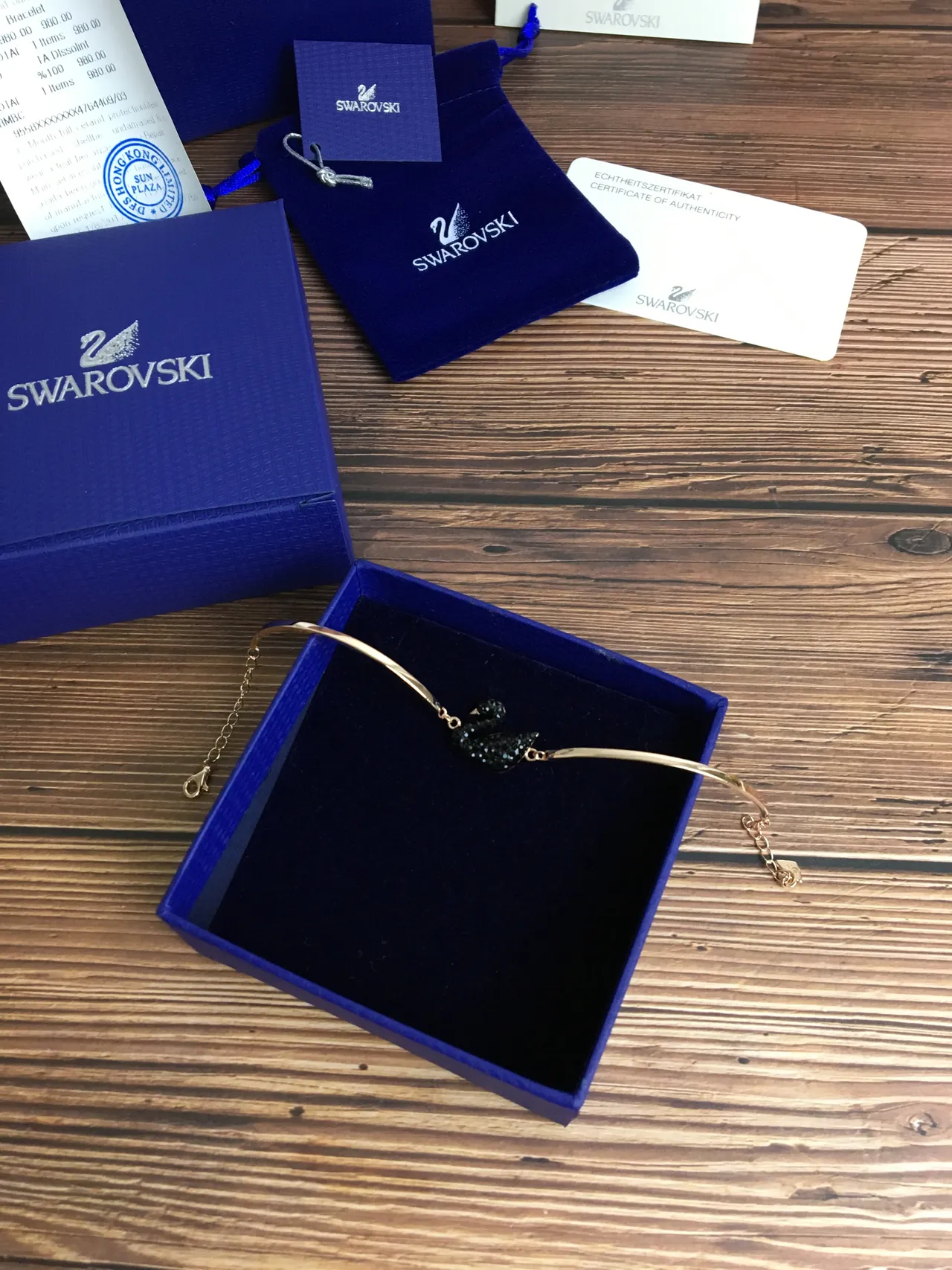 Swarovski Swan Black Crystal Gold-Tone Open Bangle Bracelet 4