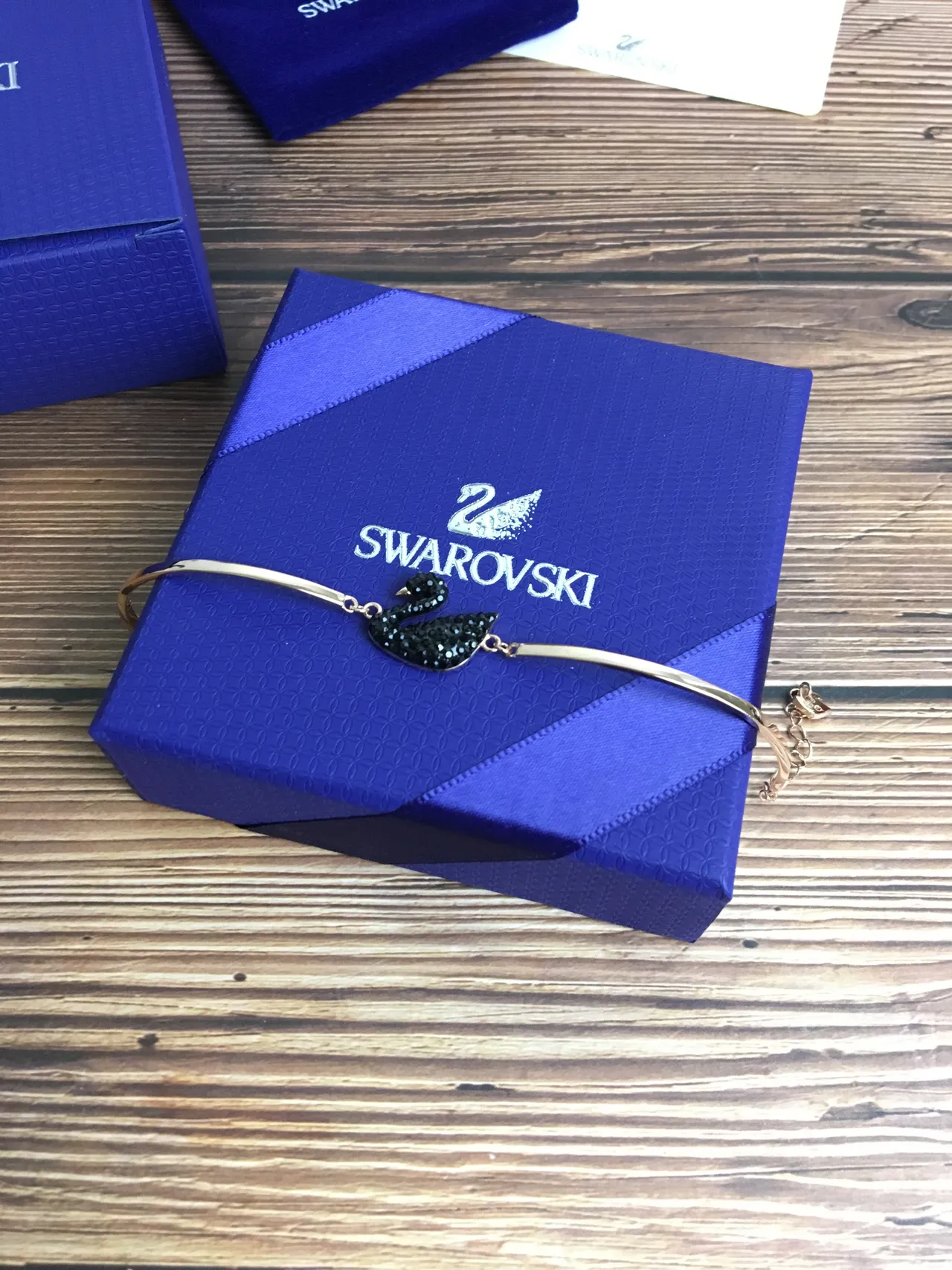 Swarovski Swan Black Crystal Gold-Tone Open Bangle Bracelet 5