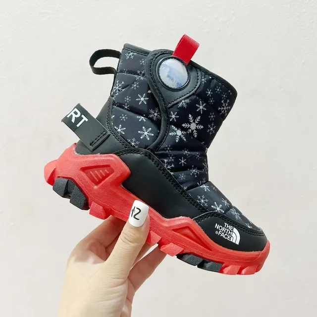 The North Face Black Red Quilted Insulated Upper Snowflake Print Snow Boots 7