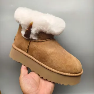 UGG Brown White Suede Upper Shearling Cuff Snow Boots