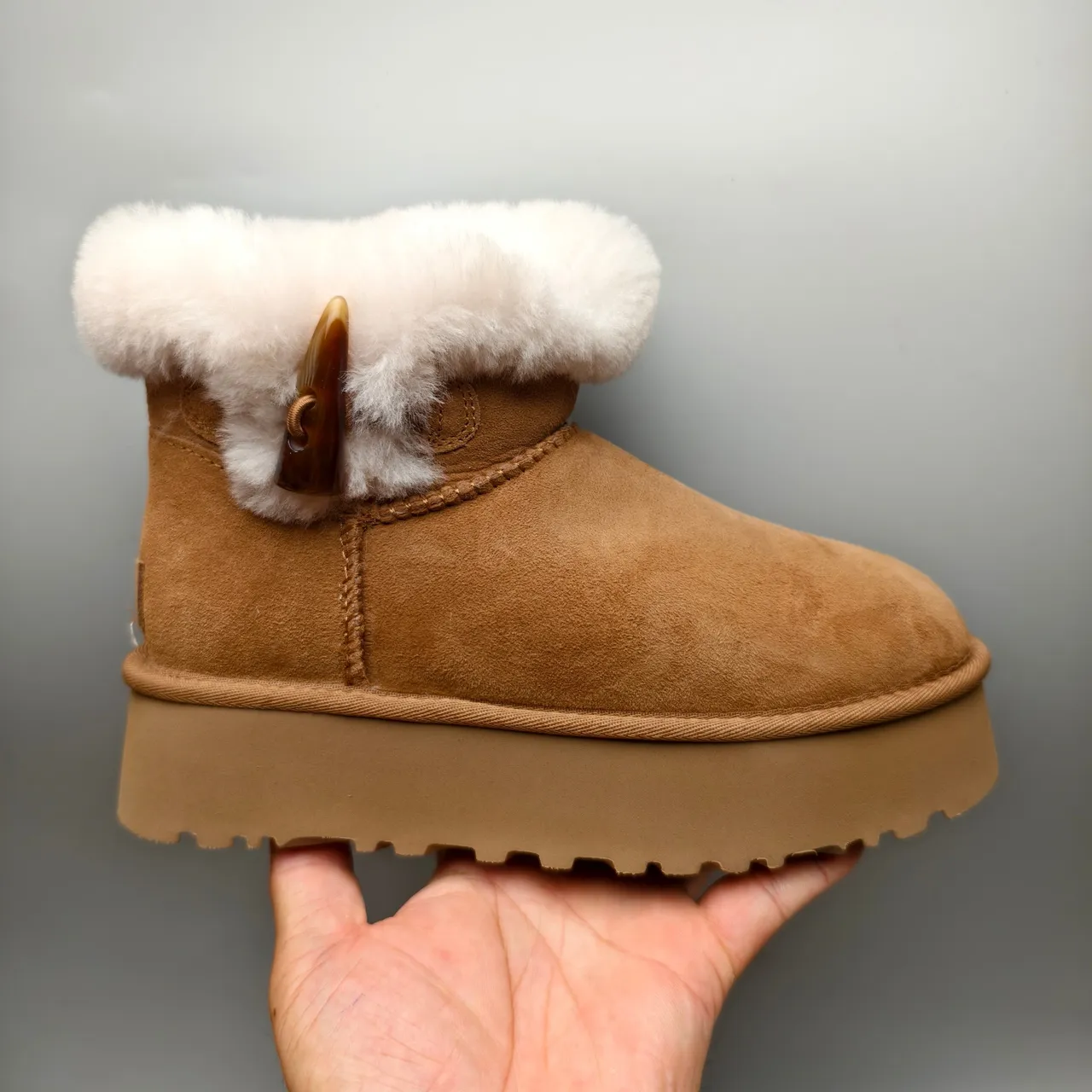 UGG Brown White Suede Upper Shearling Cuff Snow Boots 2