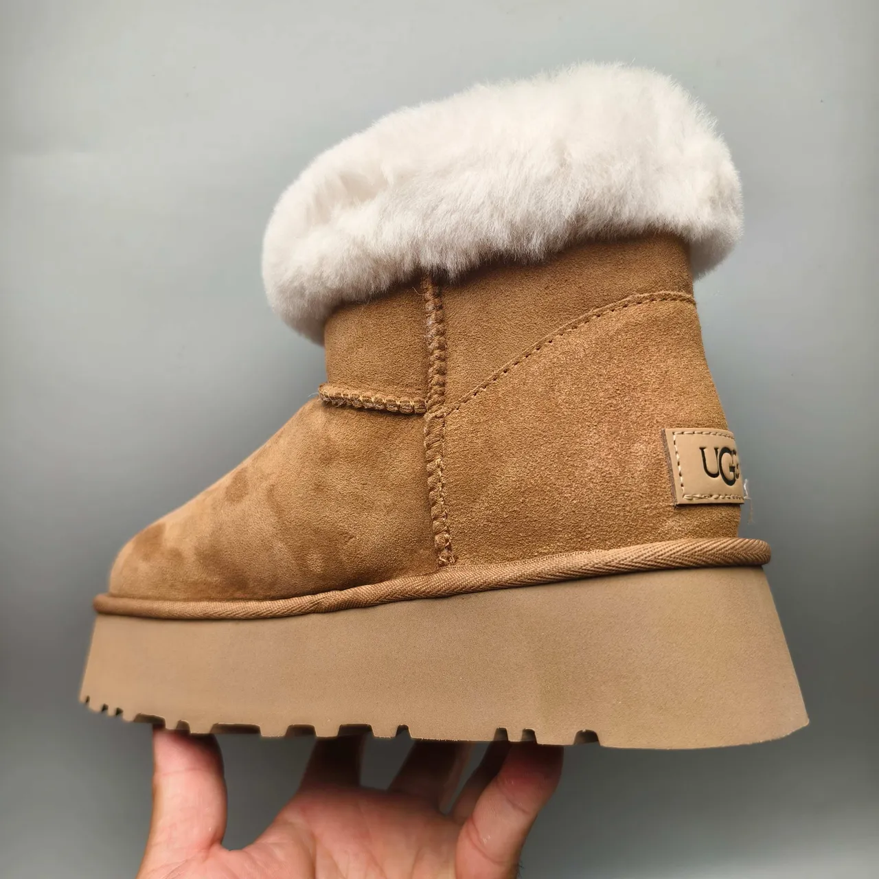 UGG Brown White Suede Upper Shearling Cuff Snow Boots 4