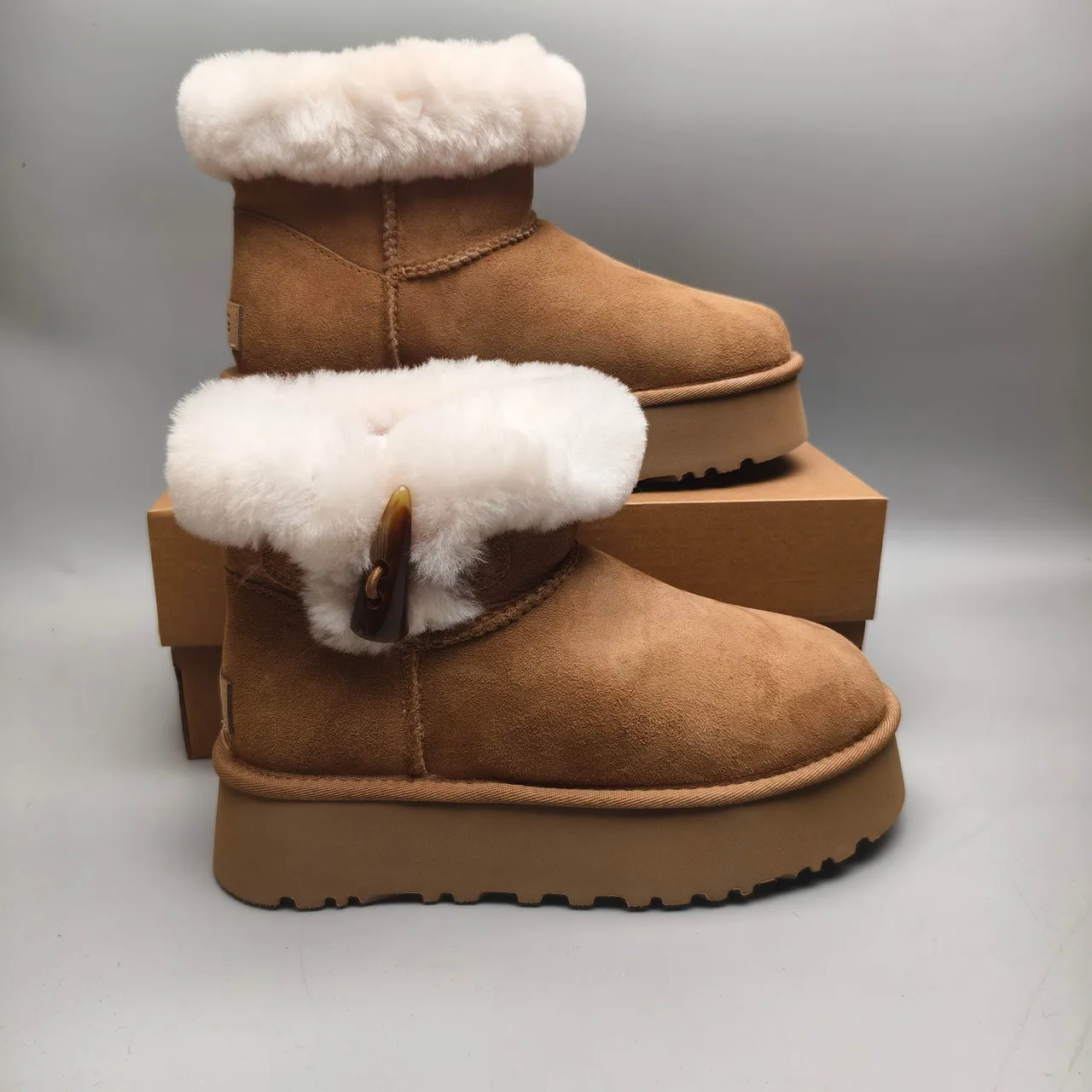 UGG Brown White Suede Upper Shearling Cuff Snow Boots 5