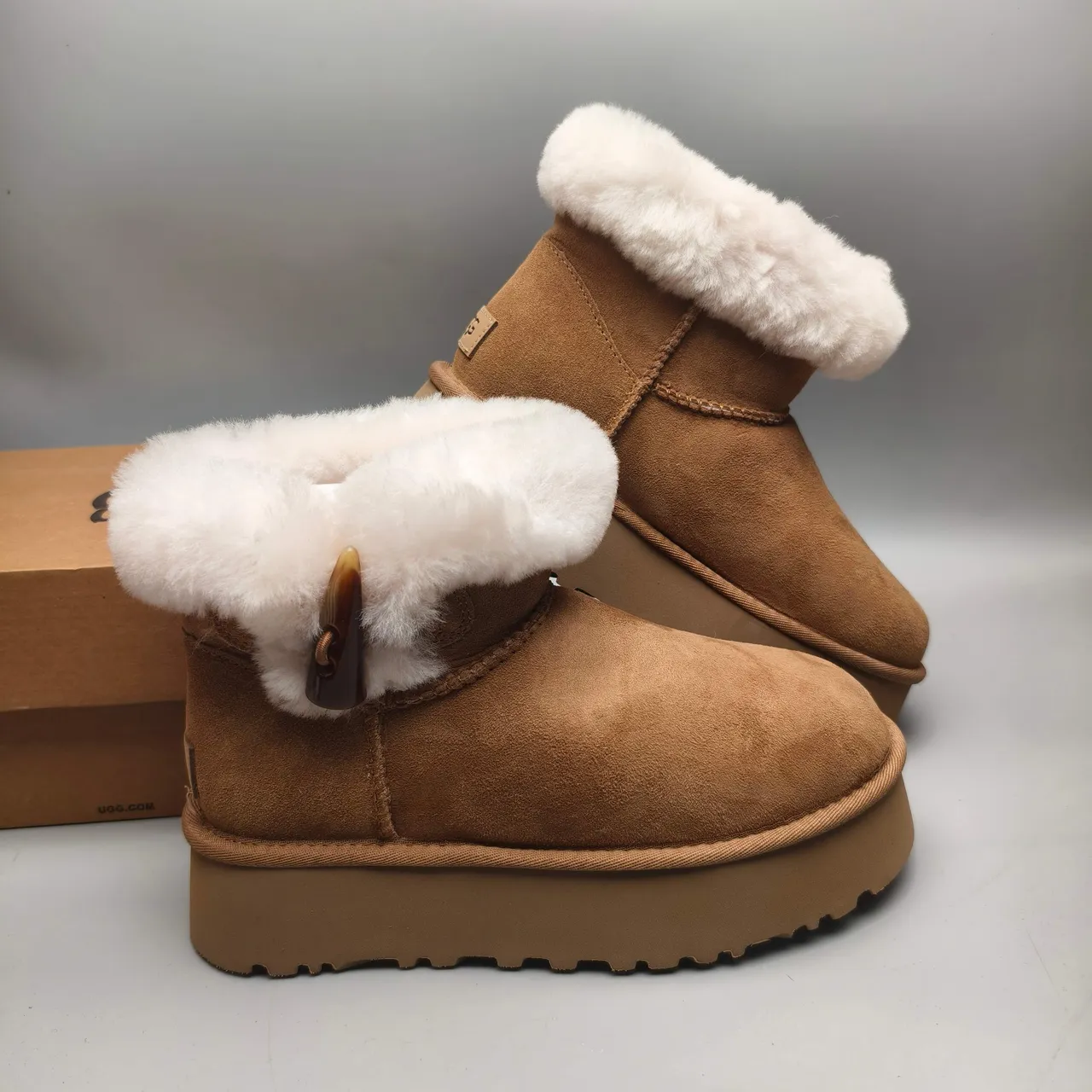UGG Brown White Suede Upper Shearling Cuff Snow Boots 6