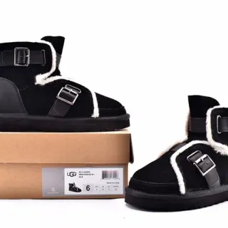 UGG Classic Black White Buckle-Strapped Shearling-Lined Snow Boots
