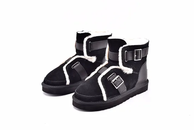 UGG Classic Black White Buckle-Strapped Shearling-Lined Snow Boots 2