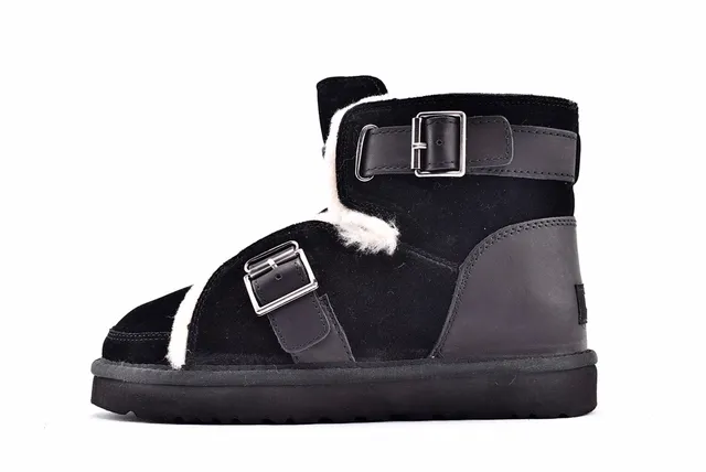 UGG Classic Black White Buckle-Strapped Shearling-Lined Snow Boots 8