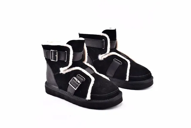 UGG Classic Black White Buckle-Strapped Shearling-Lined Snow Boots 9