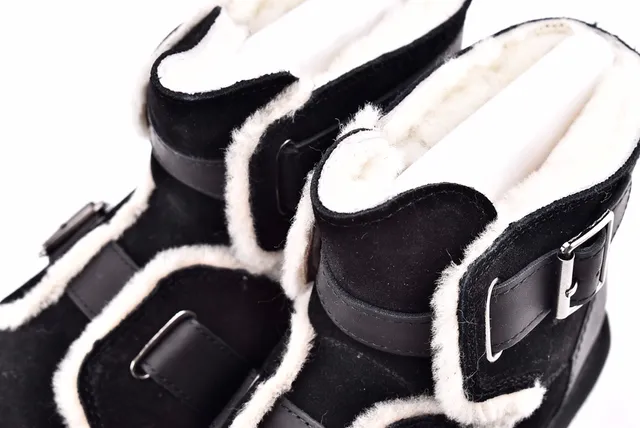 UGG Classic Black White Buckle-Strapped Shearling-Lined Snow Boots 11