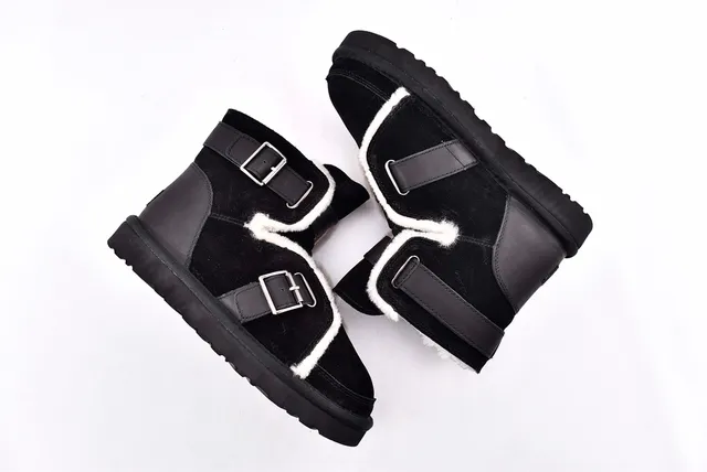 UGG Classic Black White Buckle-Strapped Shearling-Lined Snow Boots 12