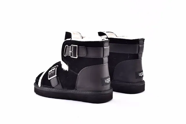 UGG Classic Black White Buckle-Strapped Shearling-Lined Snow Boots 14