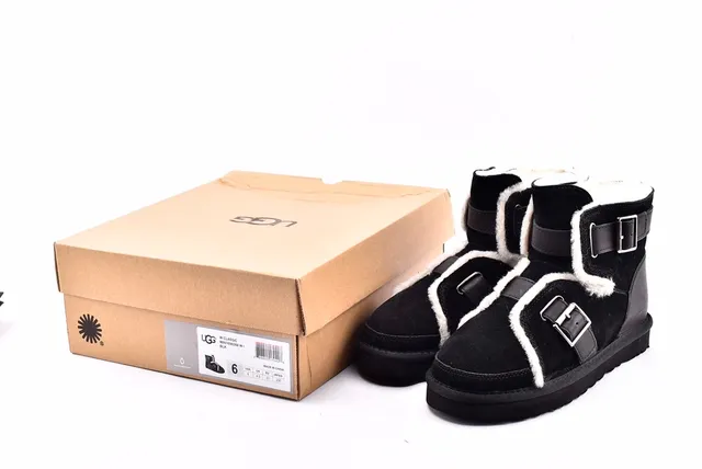 UGG Classic Black White Buckle-Strapped Shearling-Lined Snow Boots 15